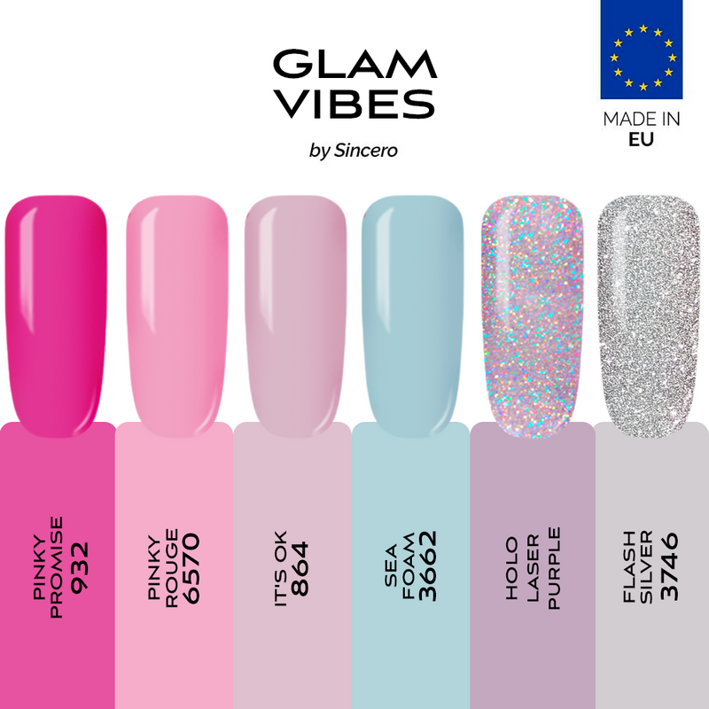 GĒLA NAGU LAKU KOMPLEKTS "SINCERO SALON" GLAM VIBES, 6 GAB. X 6 ML