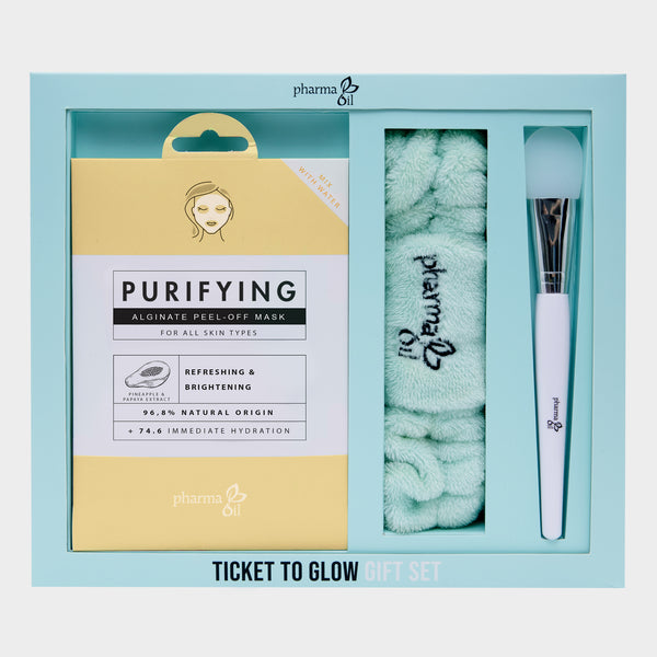 Dāvanu komplekts "Pharma oil"  TICKET TO GLOW (Attīrošā alg. Maska, lāpstiņa, galvas saite) 1gab.